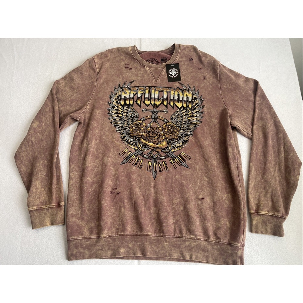 Affliction Rebel Rose Tour Distressed Acid Wash Crewneck Sweatshirt Mens XXL